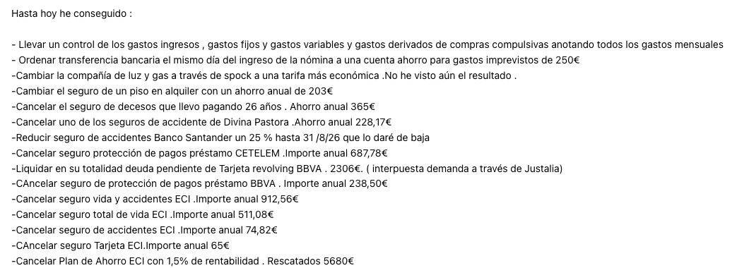 Correo de Inmaculada con la lista de seguros que canceló y lo que ahorra al año