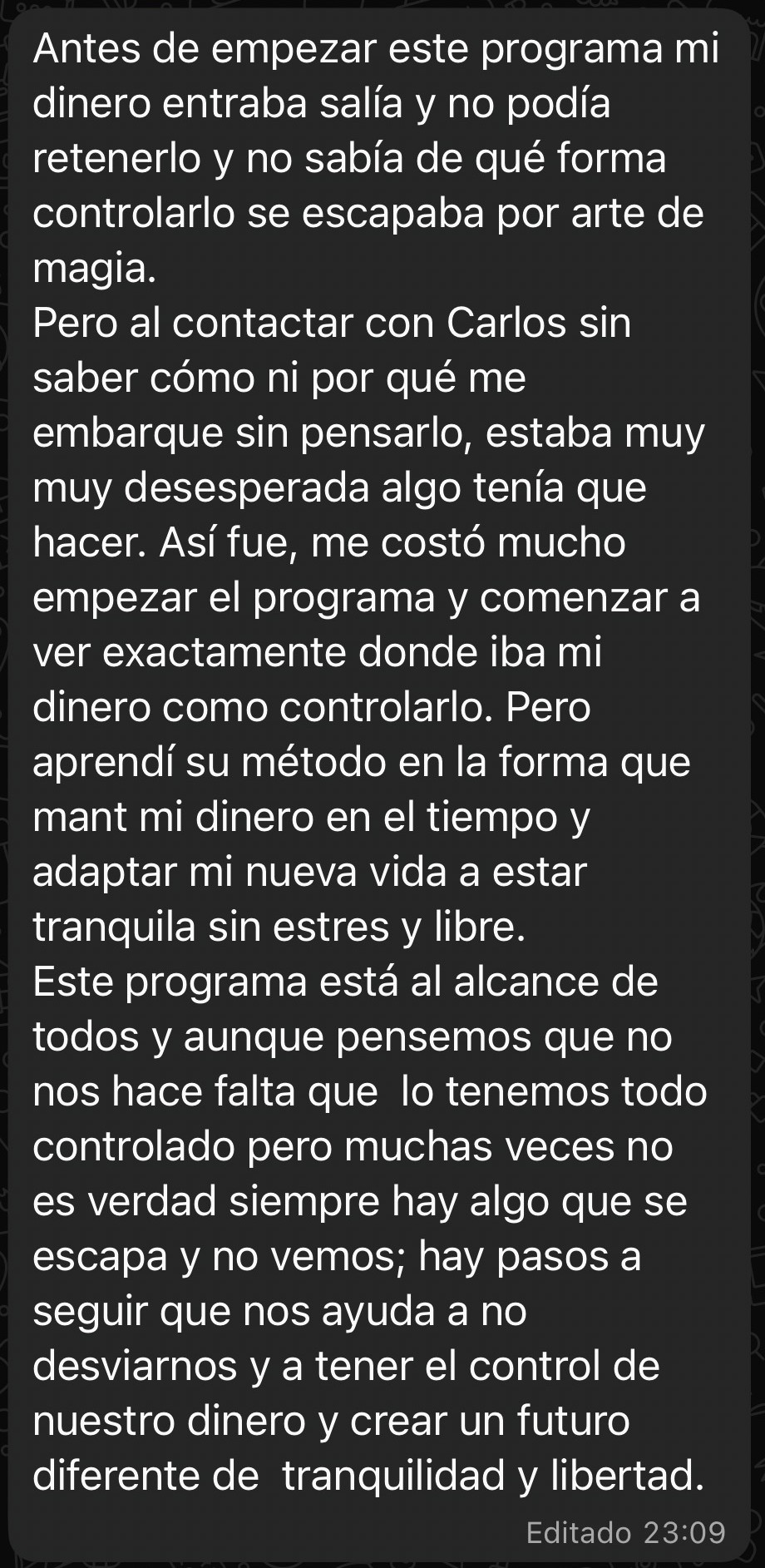WhatsApp de Rita contando cómo pasó de no controlar su dinero a vivir tranquila