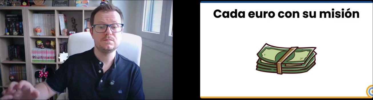Charlie dando un taller online, con la diapositiva «Cada euro con su misión»
